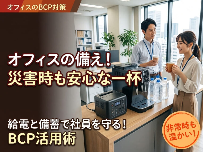 災害対策を意識したオフィスのパントリーで、非常用電源とポータブル給水タンクを用いてオフィスコーヒーの稼働をテストする社員たち