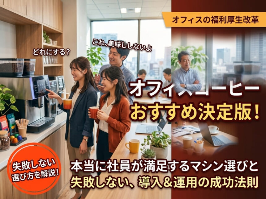 新しく導入されたオフィスコーヒーのおすすめマシンの前で、淹れたてのコーヒーを手に部署を超えて和やかに雑談する社員たちの様子