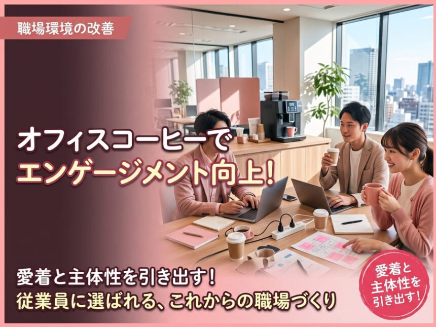 新しいオフィスパントリーにて、温かいオフィスコーヒーを片手に部署や役職の垣根を超えて和やかに話し合い、従業員エンゲージメントを高める社員たちの様子